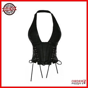 Plus Size PU Leather Halter Top Backless Deep V Neck Crop Tank